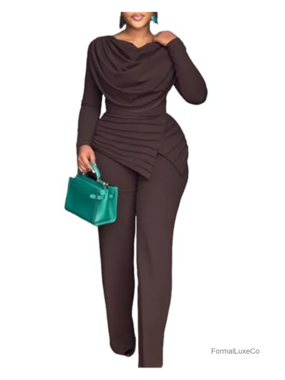 Women's Long Sleeve Jumpsuit Dressy Cowl Neck Asymmetrical Hem Wide Leg One